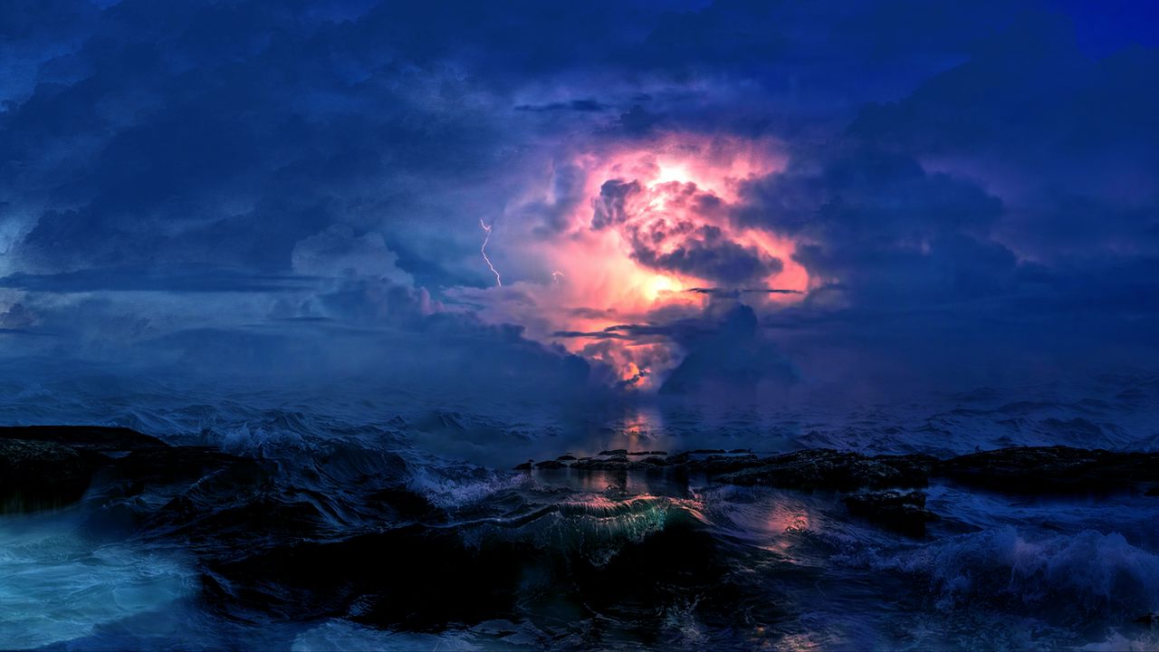 Обои буря, море, облака, молния, волны, пасмурно