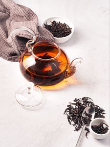 Превью обои чай, чайник, листья, ложка, эстетика