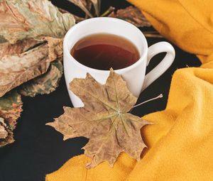 Превью обои чай, чашка, осень, клен, листья