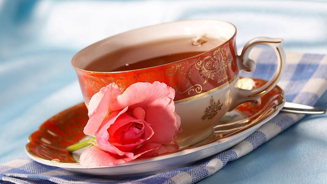Обои чай, чашка, роза, салфетка