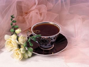Превью обои чай, чашка, цветы, ткань
