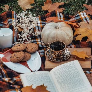 Превью обои чай, книга, осень, печенье, листья, тыква