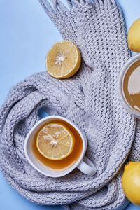 Превью обои чай, лимон, чашка, шарф, уют, эстетика
