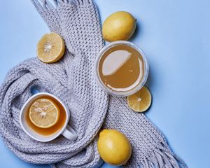 Превью обои чай, лимон, чашка, шарф, уют, эстетика