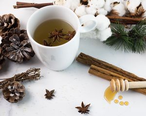 Превью обои чай, напиток, специи, шишки, цветы хлопка, зима, белый