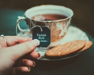 Превью обои чай, печенье, чашка, надпись, турецкий чай