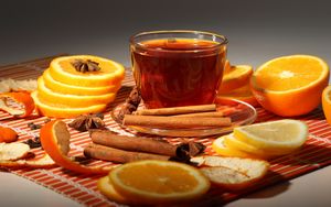 Превью обои чашка, чай, стекло, апельсины, корица, кожура, ваниль