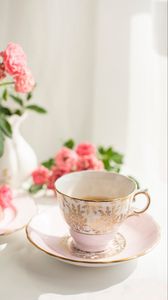 Превью обои чашка, чай, тарелка, цветы
