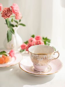 Превью обои чашка, чай, тарелка, цветы