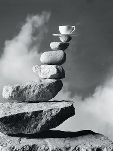 Превью обои чашка, камни, баланс, чб