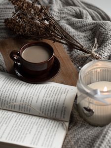Превью обои чашка, кофе, книга, сухоцвет, доска
