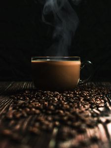 Превью обои чашка, кофе, кофейные зерна, напиток, пар