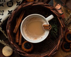 Превью обои чашка, кофе, корица, печенье