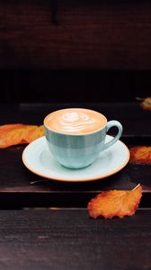 Превью обои чашка, кофе, листья, осень