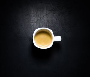 Превью обои чашка, кофе, стол, вид сверху, пенка, черный, белый, тень, минимализм