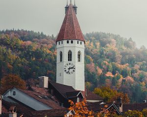 Превью обои часовня, башня, архитектура, здания, деревья, осень