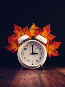 Превью обои часы, будильник, листья, дерево, осень