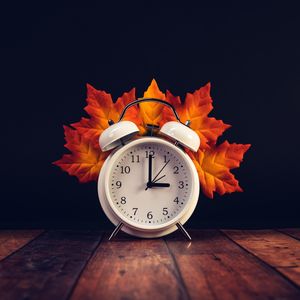Превью обои часы, будильник, листья, дерево, осень
