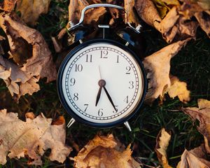 Превью обои часы, будильник, время, листья, осень, эстетика