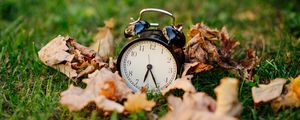 Превью обои часы, будильник, время, опавшие листья, осень
