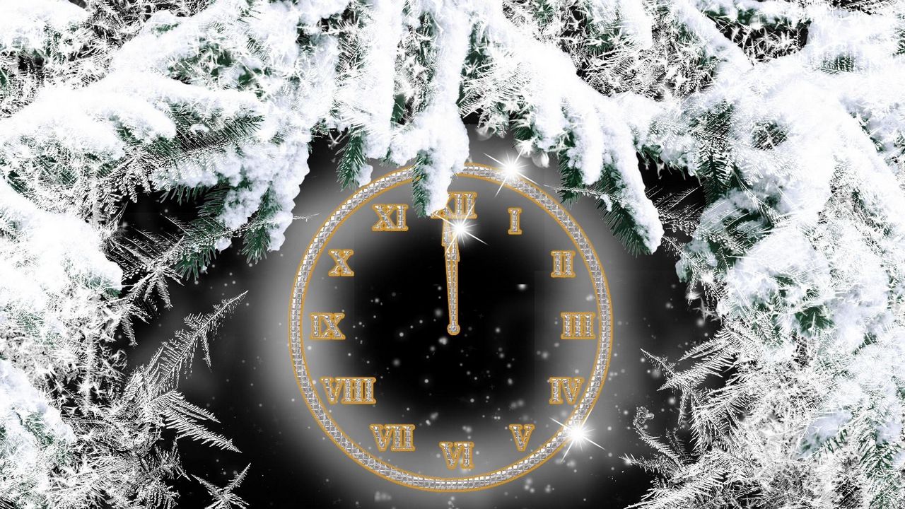 Обои часы, циферблат, хвоя, ветки, снег, полночь