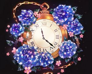 Превью обои часы, цветы, арт, карманные часы, цепочка