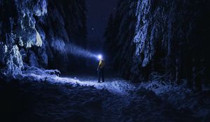 Превью обои человек, фонарик, ночь, лес, снег, темный