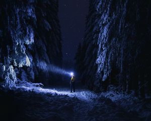 Превью обои человек, фонарик, ночь, лес, снег, темный