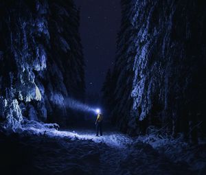 Превью обои человек, фонарик, ночь, лес, снег, темный