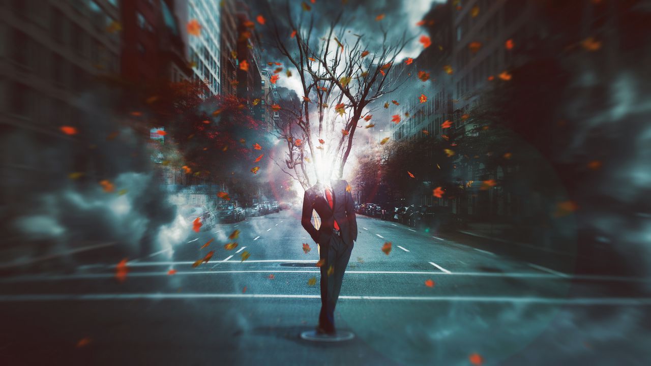 Обои человек, город, сюрреализм, дерево, листва, свет, быстротечность, digital art