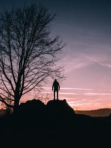 Превью обои человек, холм, деревья, вечер