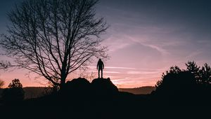 Превью обои человек, холм, деревья, вечер