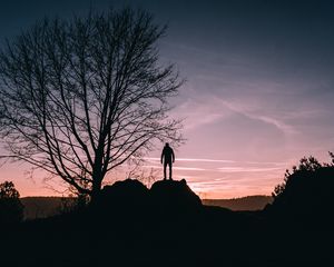 Превью обои человек, холм, деревья, вечер