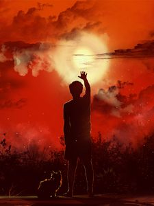 Превью обои человек, кот, силуэты, закат, арт