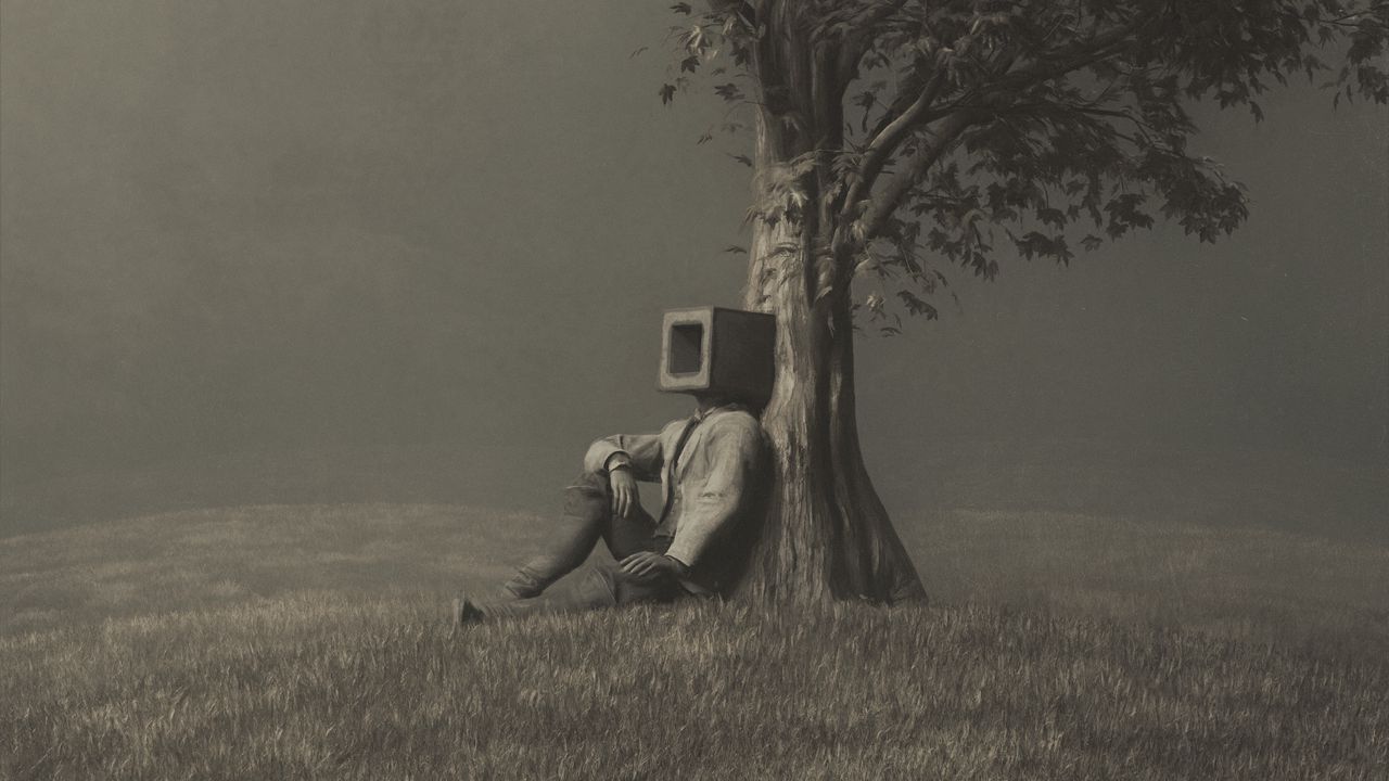 Обои человек, куб, дерево, одиночество, сюрреализм