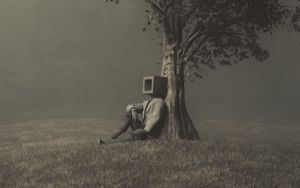 Превью обои человек, куб, дерево, одиночество, сюрреализм