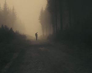 Превью обои человек, куб, дорога, лес, арт, туман