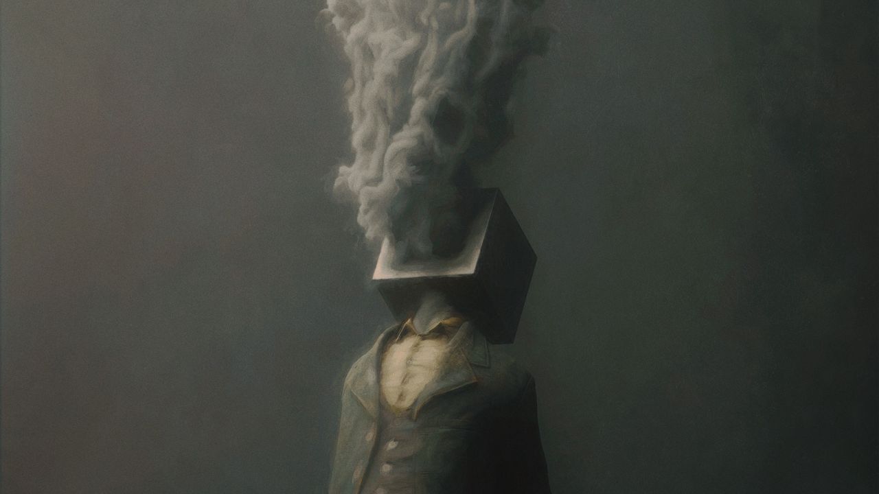 Обои человек, куб, дым, фэнтези, арт
