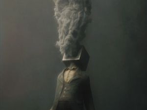 Превью обои человек, куб, дым, фэнтези, арт