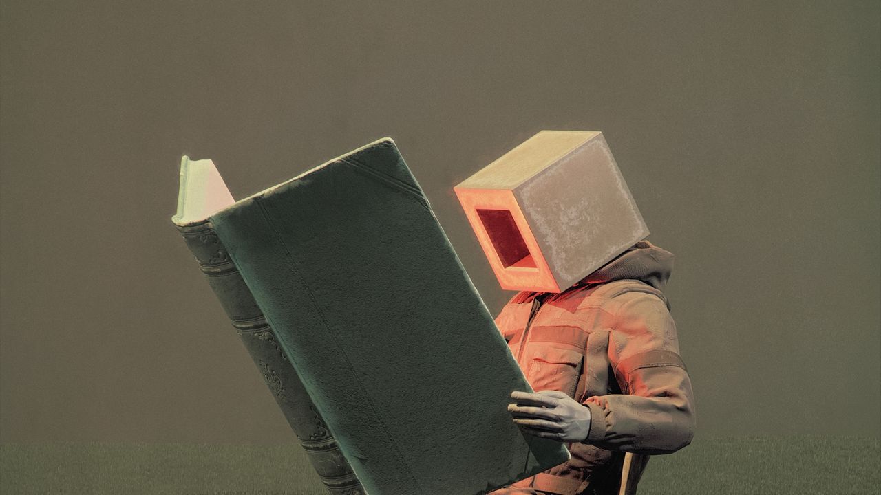 Обои человек, куб, книга, стул, болото, арт