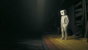 Превью обои человек, куб, костюм, белый, арт