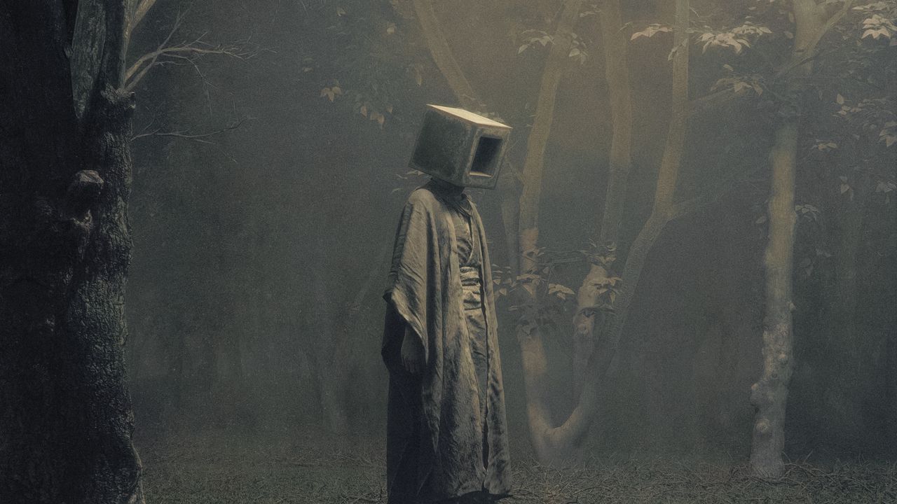 Обои человек, куб, лес, туман, сюрреализм, арт