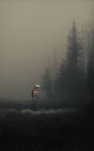 Превью обои человек, куб, луг, туман, арт