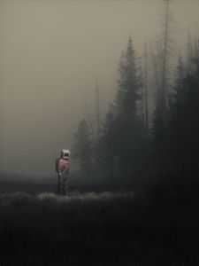 Превью обои человек, куб, луг, туман, арт