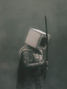 Превью обои человек, куб, меч, фэнтези, арт