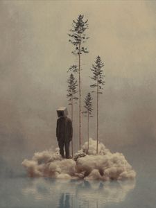 Превью обои человек, куб, облако, деревья, вода, арт