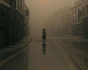 Превью обои человек, куб, отражение, улица, туман, арт