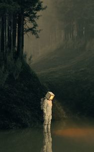 Превью обои человек, куб, пруд, лес, арт