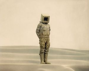 Превью обои человек, куб, пустыня, пески, арт