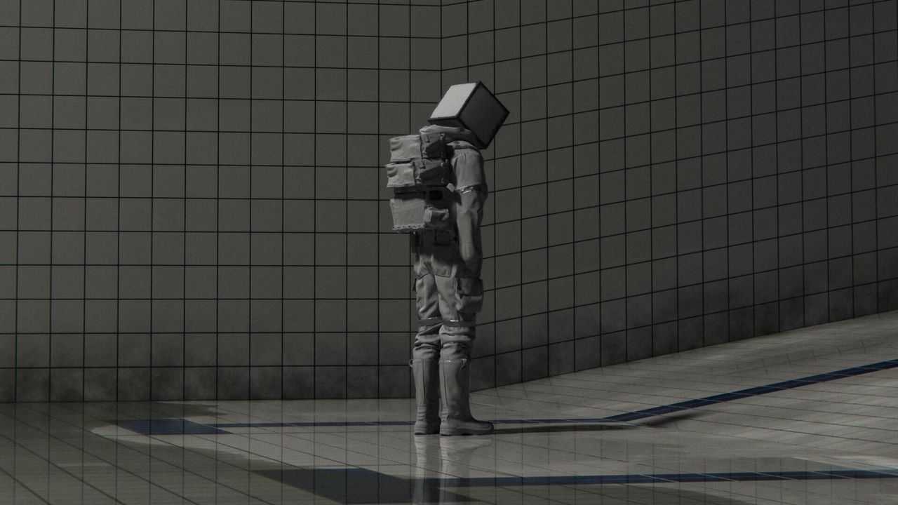 Обои человек, куб, рюкзак, вода, отражение, плитка